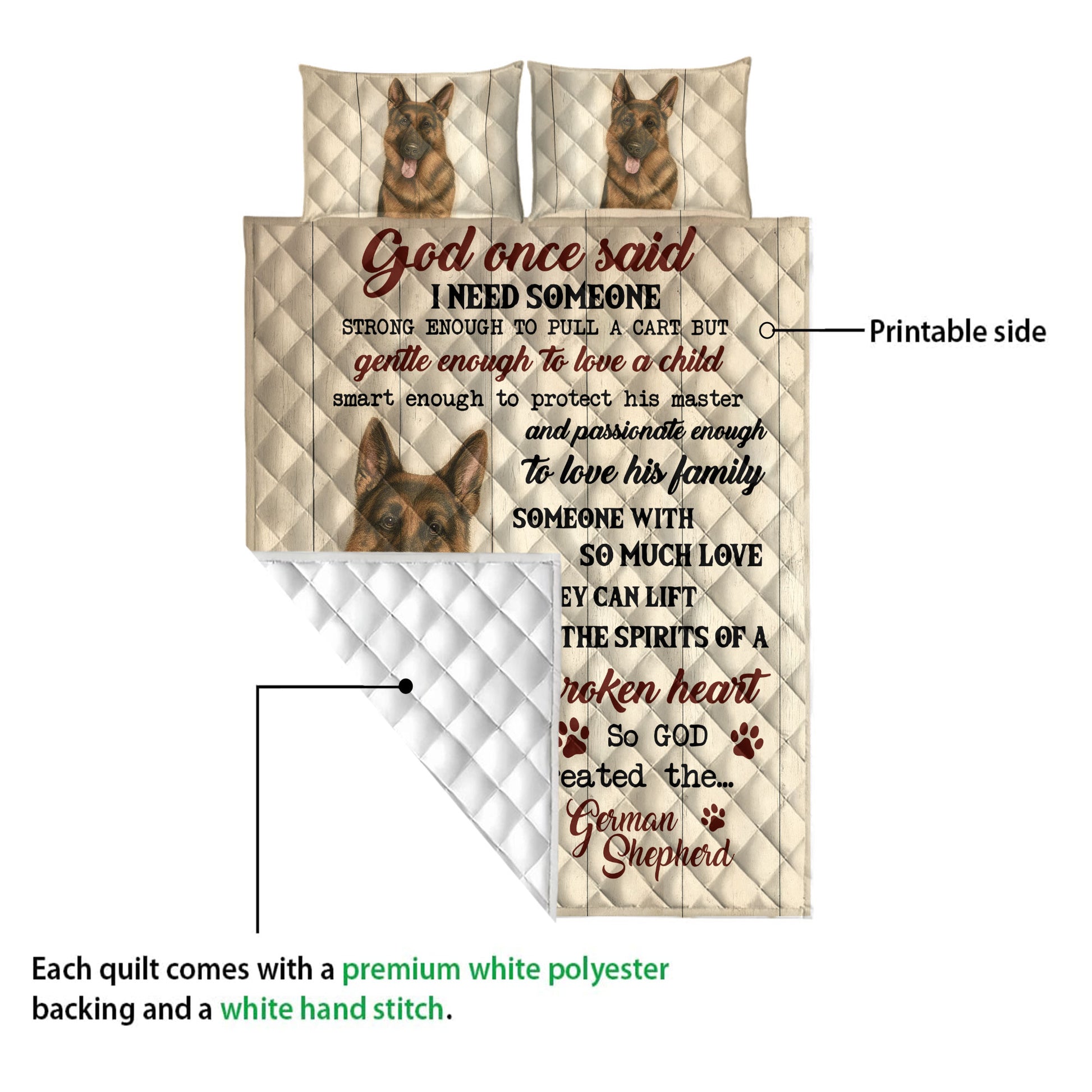 German Shepherd quilt blanket showing the printed front and white quilted reverse in a detail view