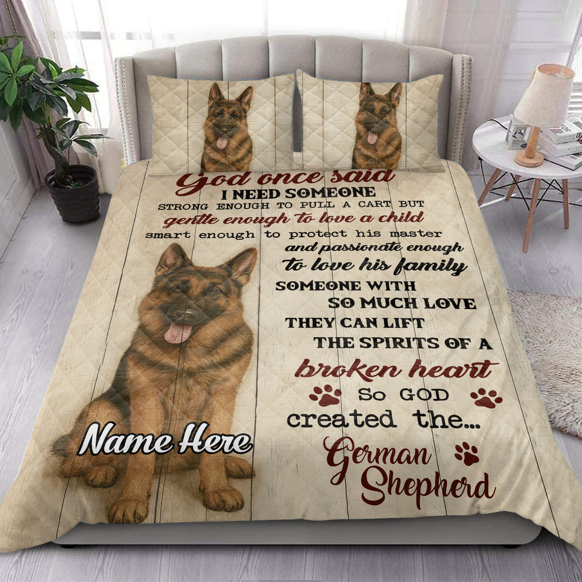 German Shepherd quilt bedding styled in a bright bedroom with large dog portrait and inspirational text
