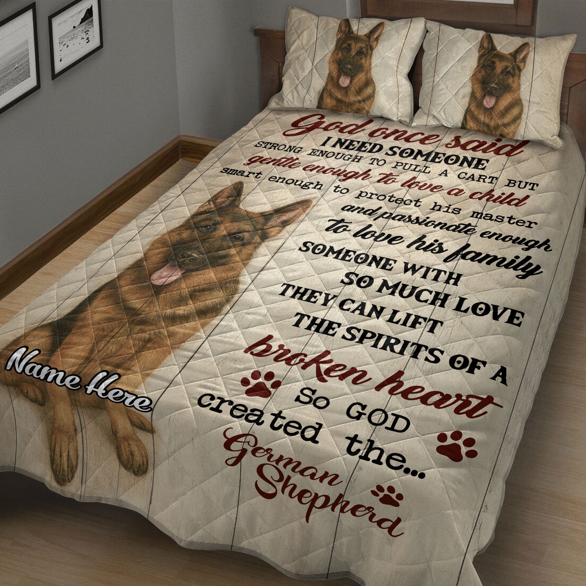 Close view of German Shepherd quilt blanket with realistic dog portraits, paw prints, and inspirational wording