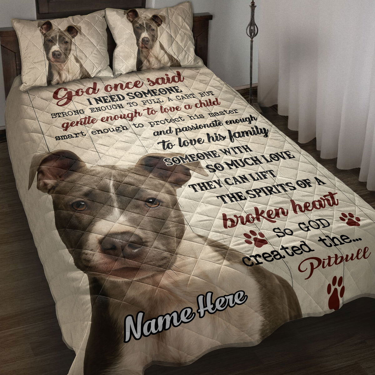 Pitbull quilt blanket spread across a bedroom with realistic dog portraits, paw prints, and heartfelt artwork