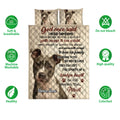 Pitbull quilt bedding set displayed flat with dog portraits, paw prints, and a sentimental family-themed design
