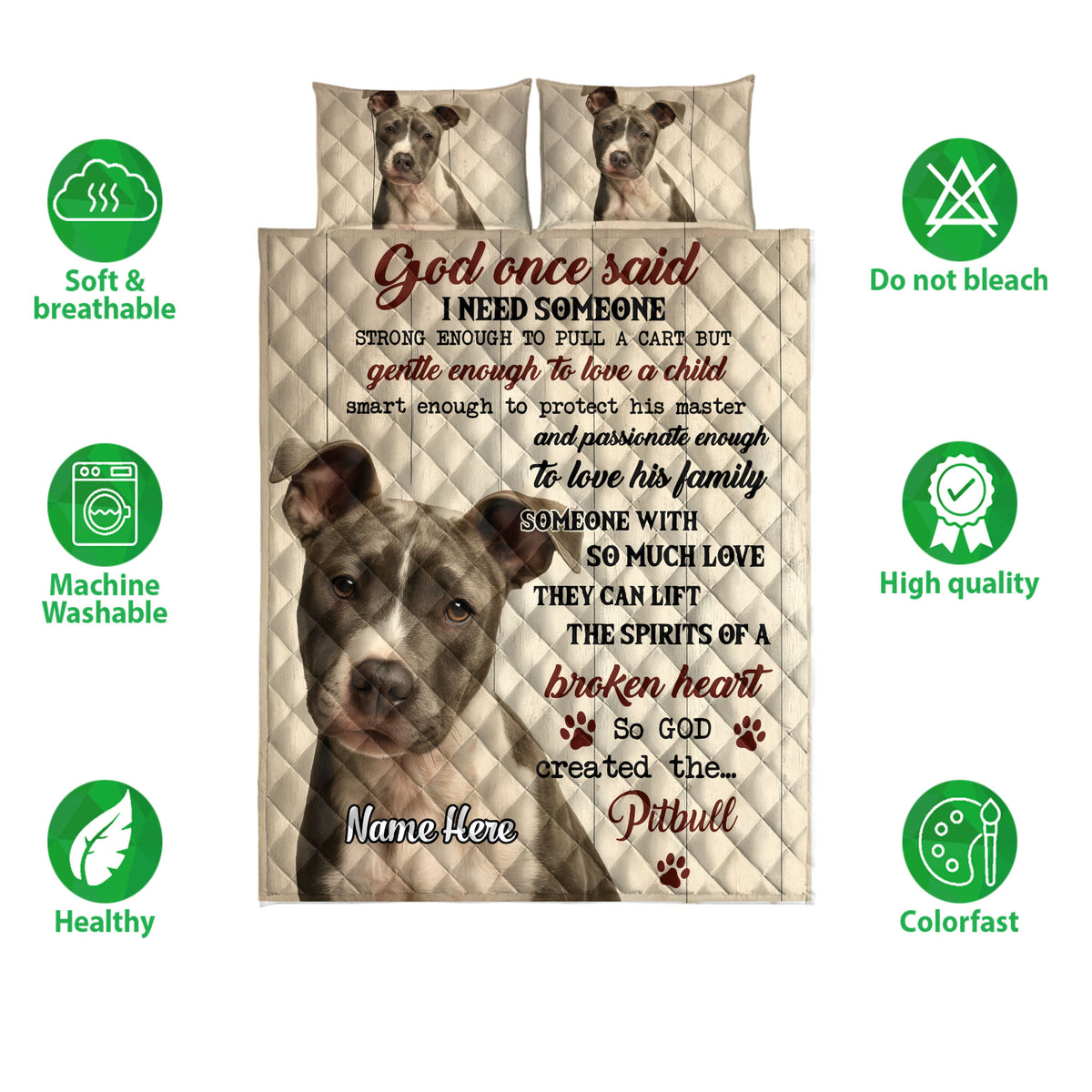 Pitbull quilt bedding set displayed flat with dog portraits, paw prints, and a sentimental family-themed design