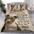 Pitbull quilt bedding styled on a modern bed with realistic dog portraits and warm sentimental artwork