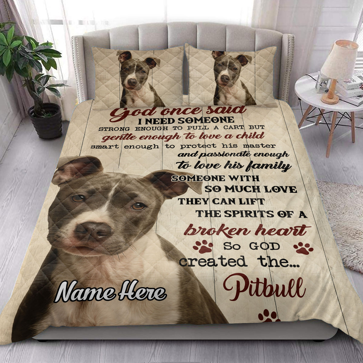 Pitbull quilt bedding styled on a modern bed with realistic dog portraits and warm sentimental artwork