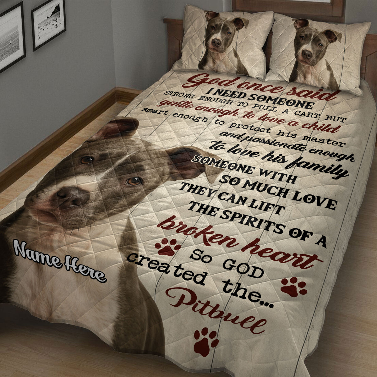 Pitbull quilt blanket displayed on a bed with large dog portrait, paw prints, and heartfelt family message