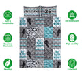 Hockey quilt bedding set shown front-facing with player artwork, hockey motifs, teal patterns, and feature icons