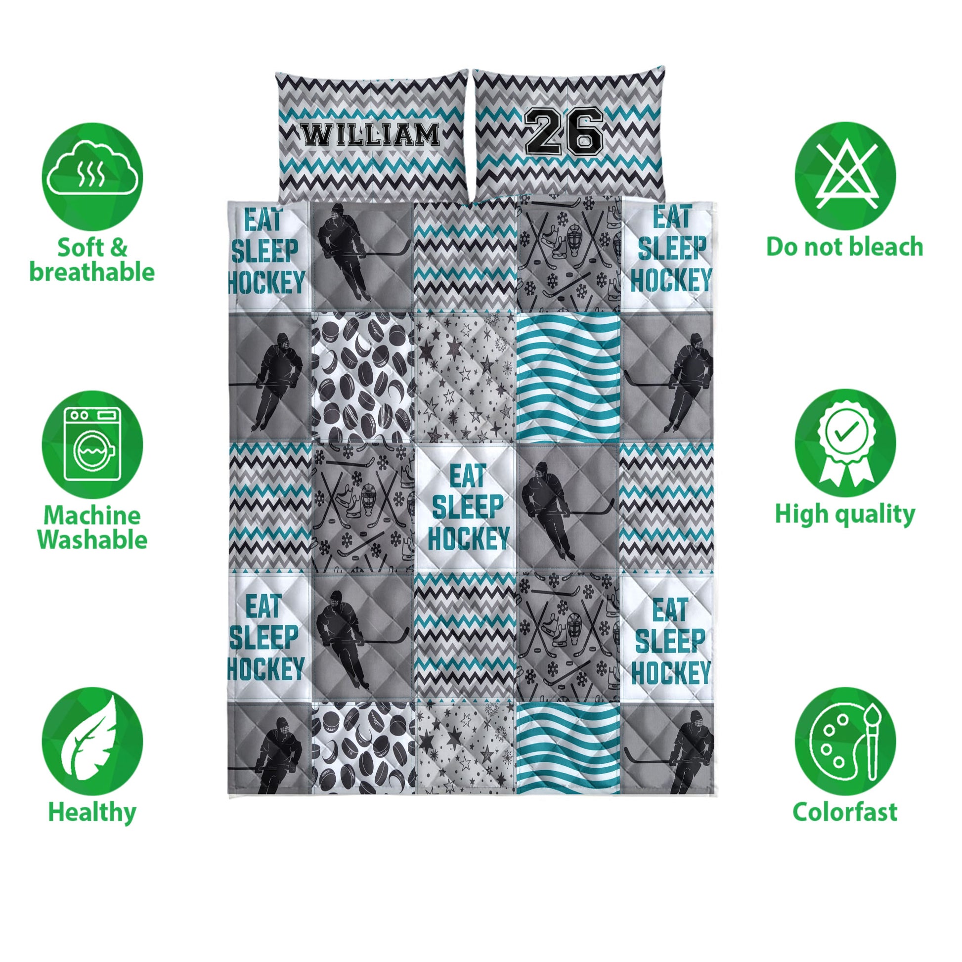 Hockey quilt bedding set shown front-facing with player artwork, hockey motifs, teal patterns, and feature icons