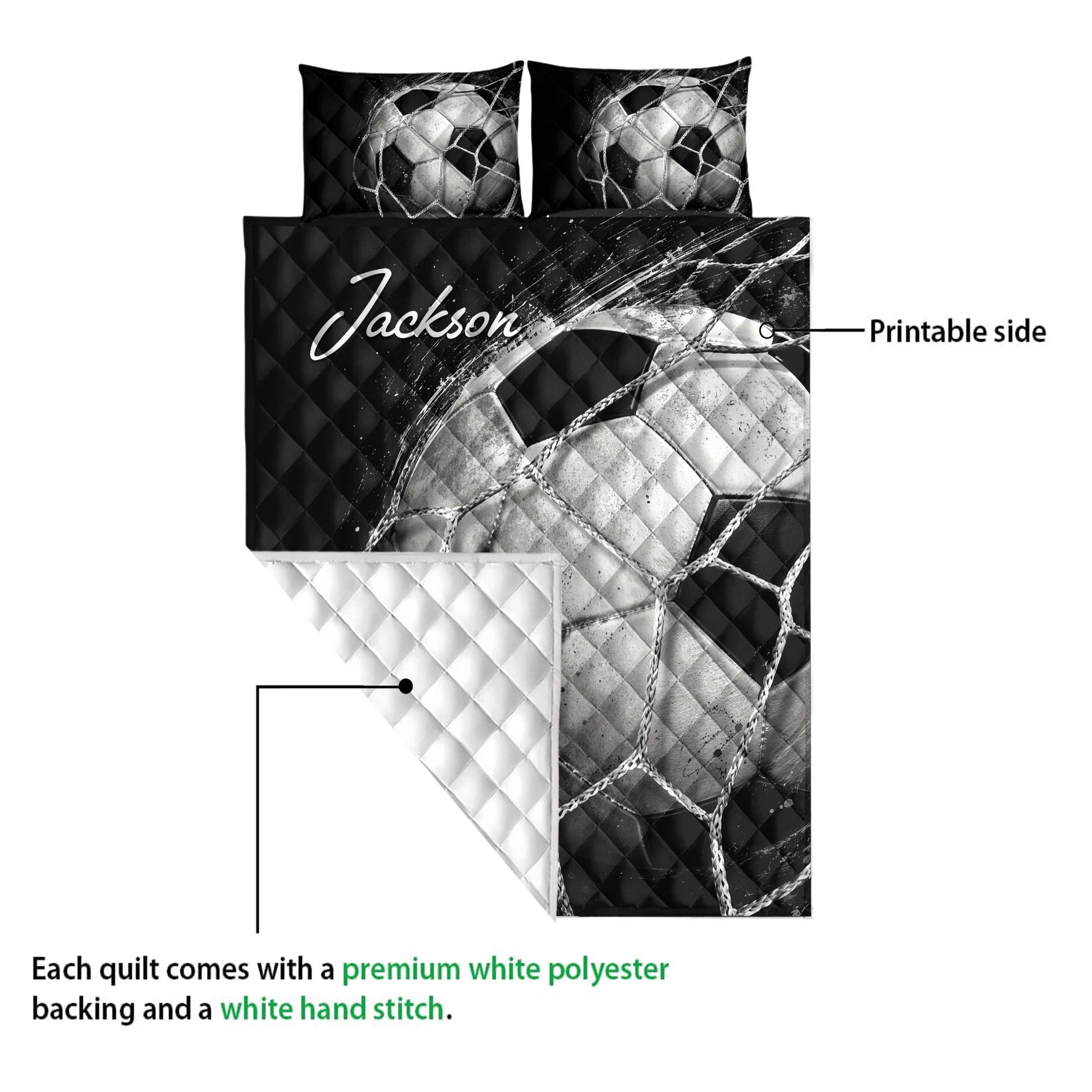Soccer quilt showing the printed front and white quilted backing
