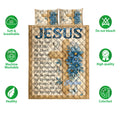 Christian quilt bedding set front view with cross artwork, blue floral accents, butterflies, and faith-themed design