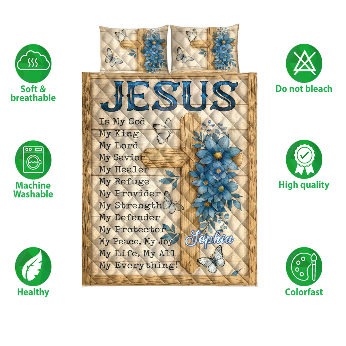 Christian quilt bedding set front view with cross artwork, blue floral accents, butterflies, and faith-themed design