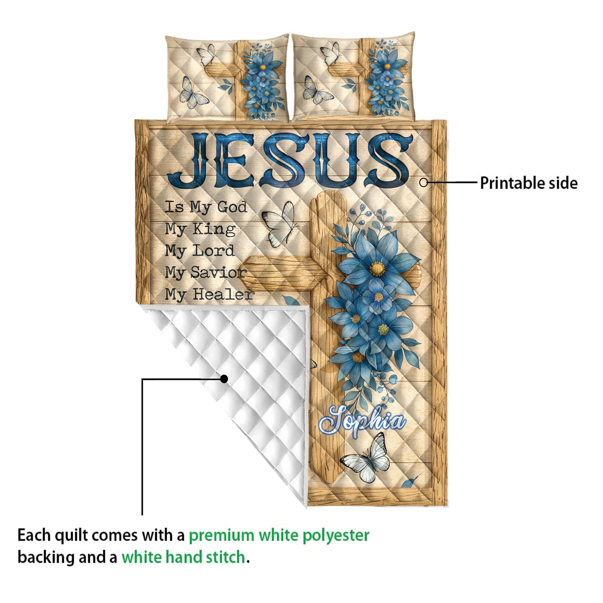 Christian quilt detail showing the printed side, wooden cross artwork, blue flowers, and white quilted backing