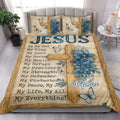 Christian quilt blanket styled in a bright bedroom with blue flowers, butterflies, cross artwork, and faith wording