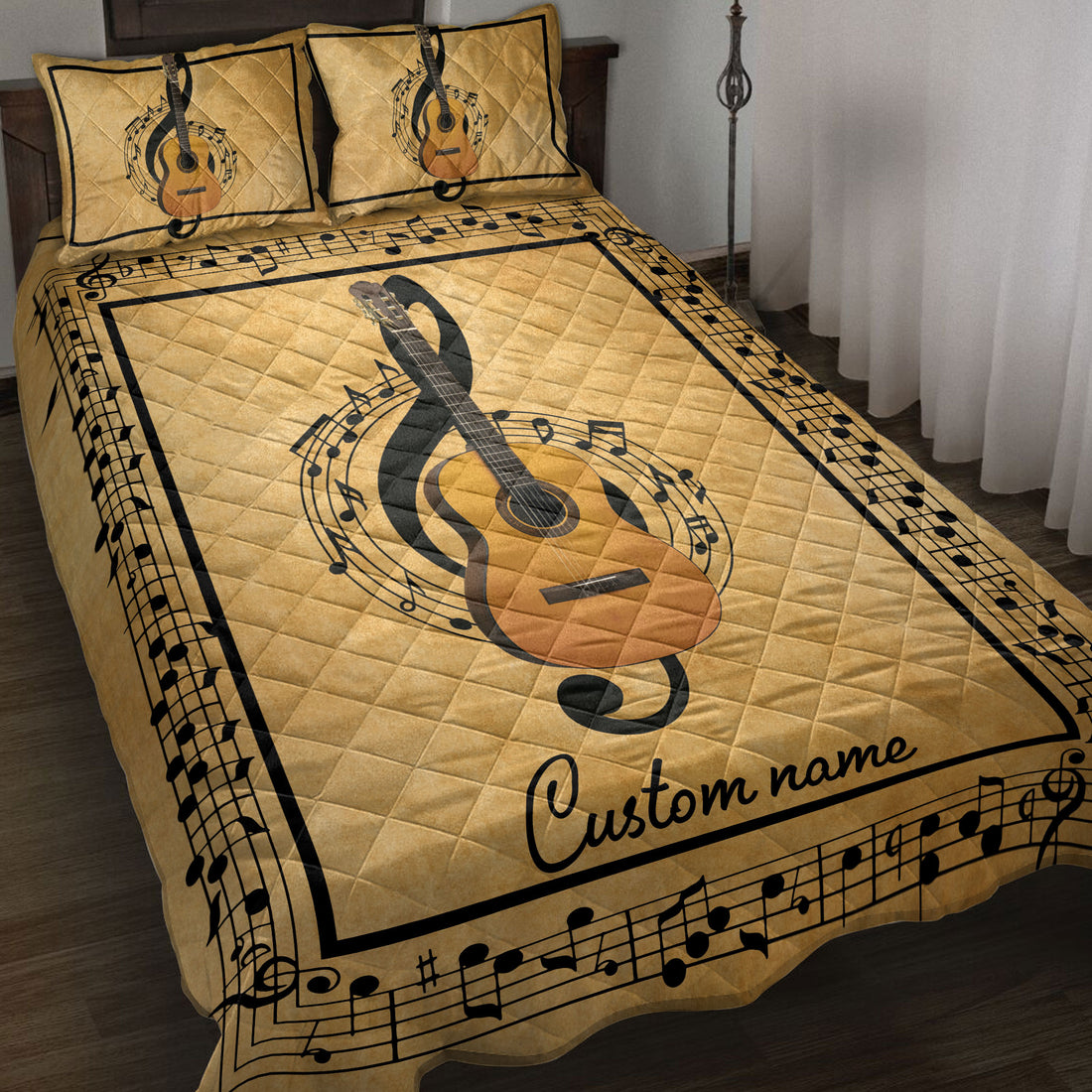 Gold guitar quilt blanket displayed on a bed with musical notes and a black music-themed border