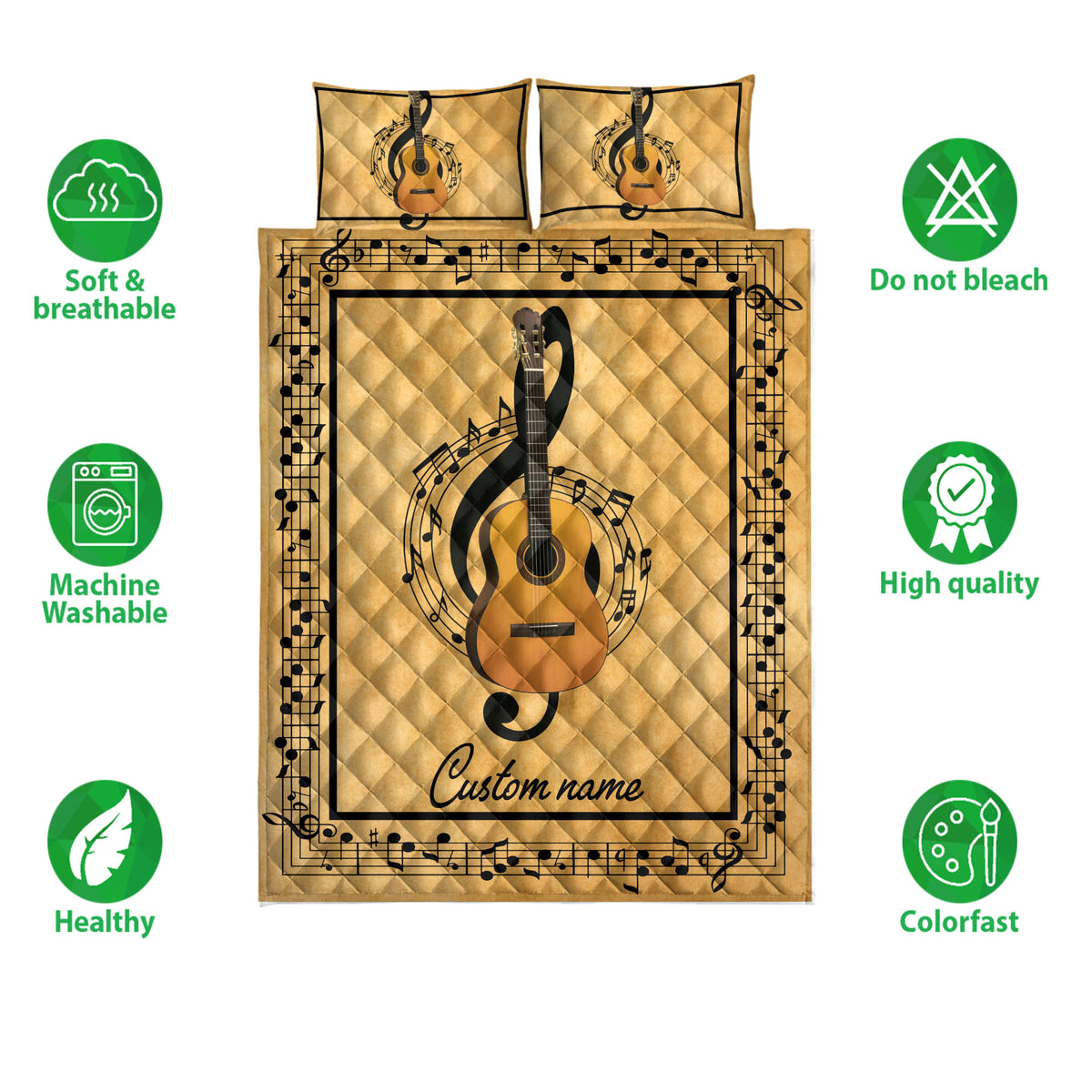Guitar quilt bedding set shown flat with musical note artwork and a warm gold color palette