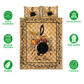 Drum set quilt bedding layout with matching printed pillow designs and musical note artwork