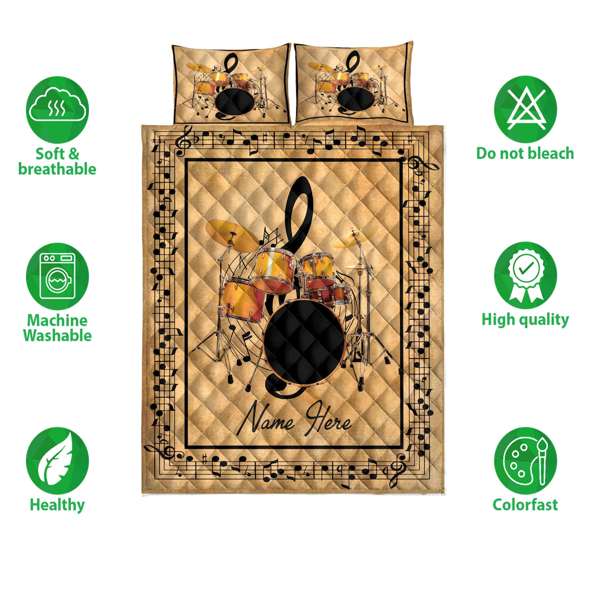 Drum set quilt bedding layout with matching printed pillow designs and musical note artwork