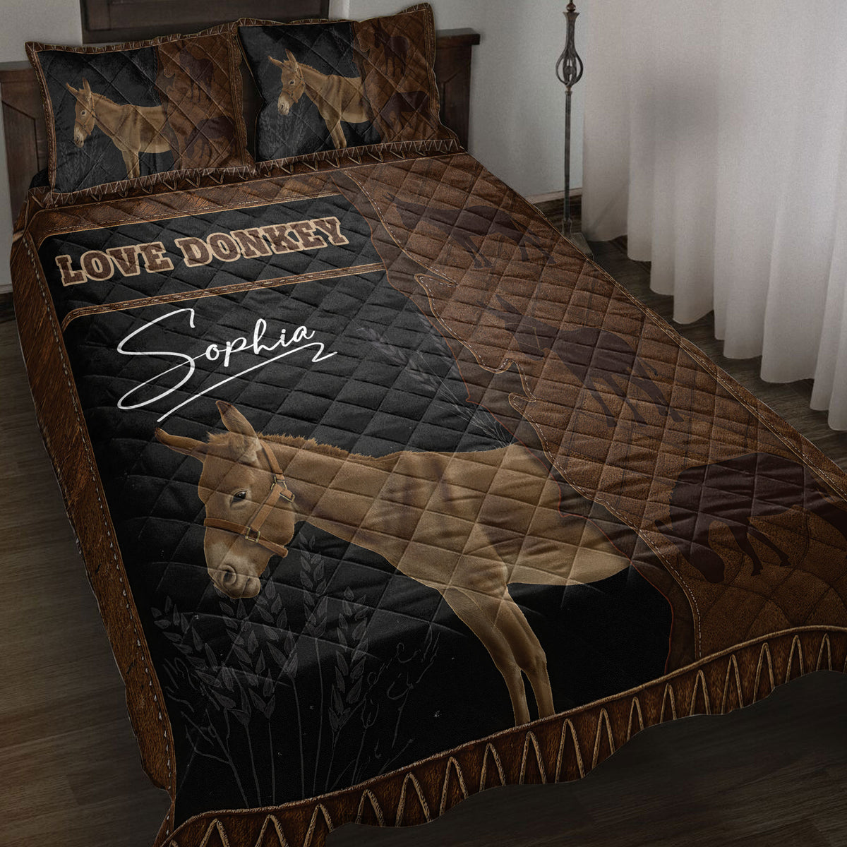 Donkey quilt bedding set displayed on a bed with rustic black and brown artwork
