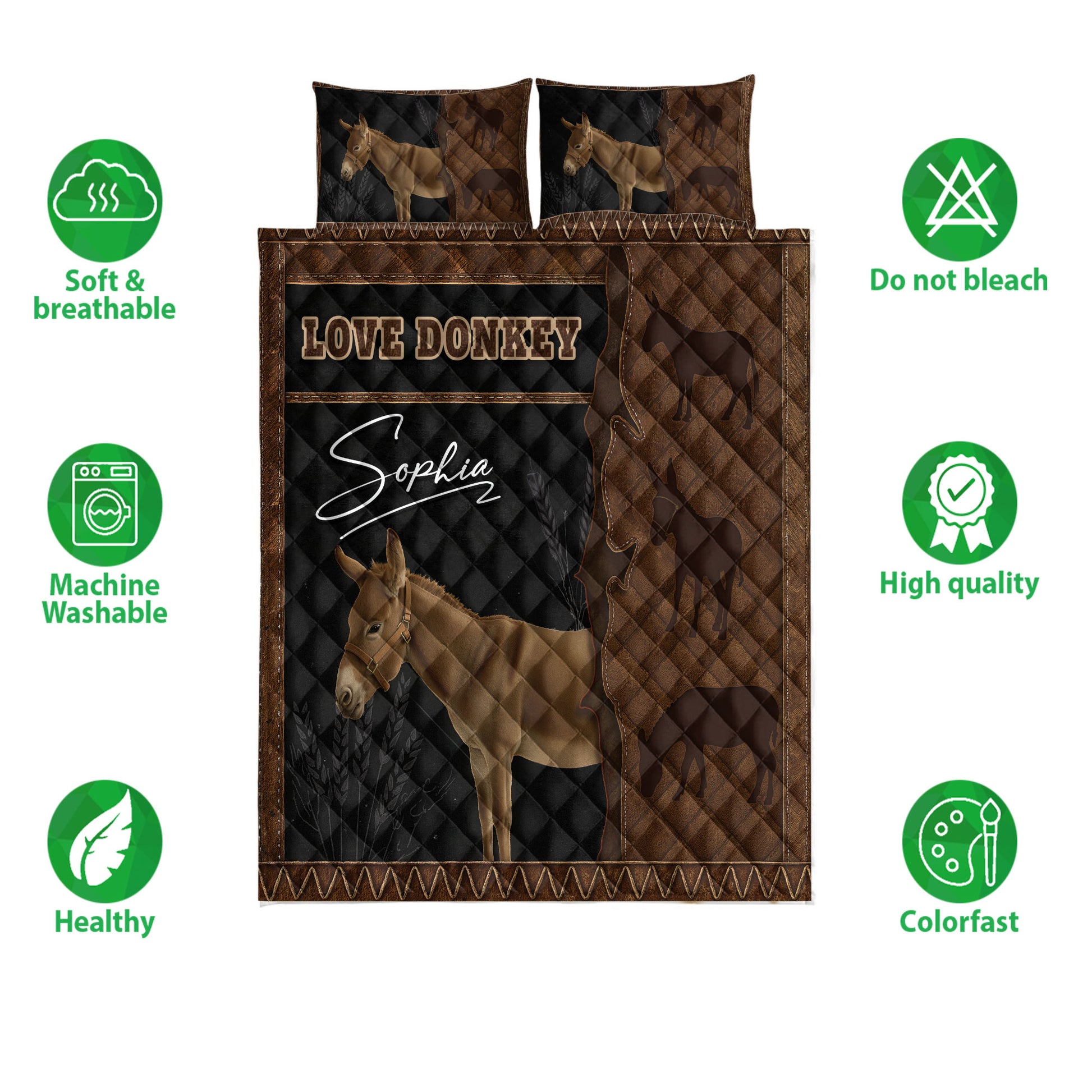 Donkey quilt bedding set shown with rustic artwork and visible product feature icons