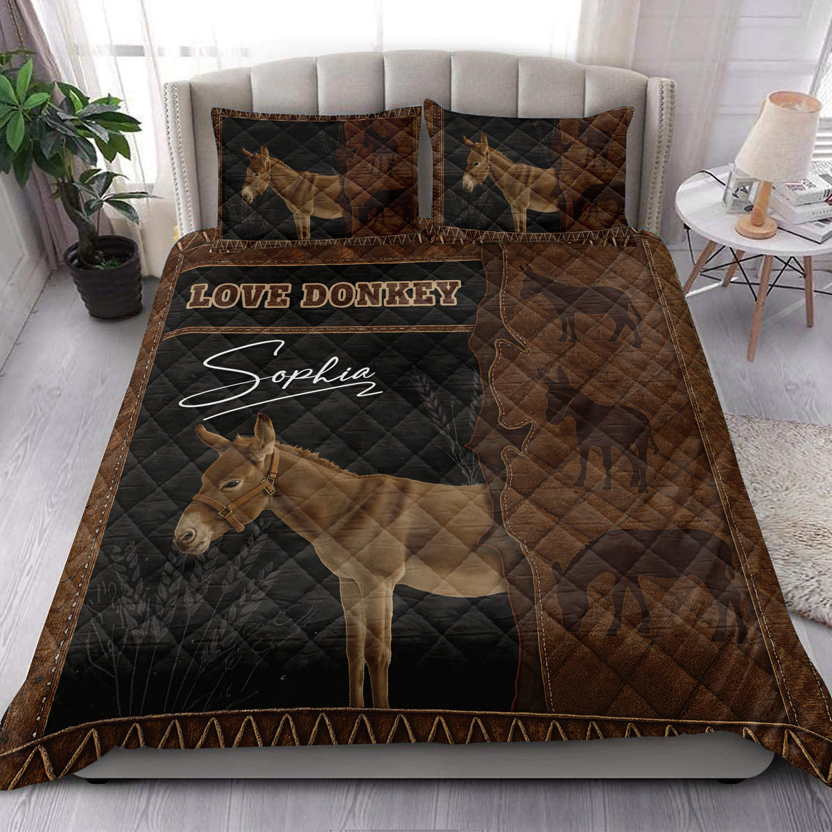 Rustic donkey quilt bedding set styled in a bright bedroom