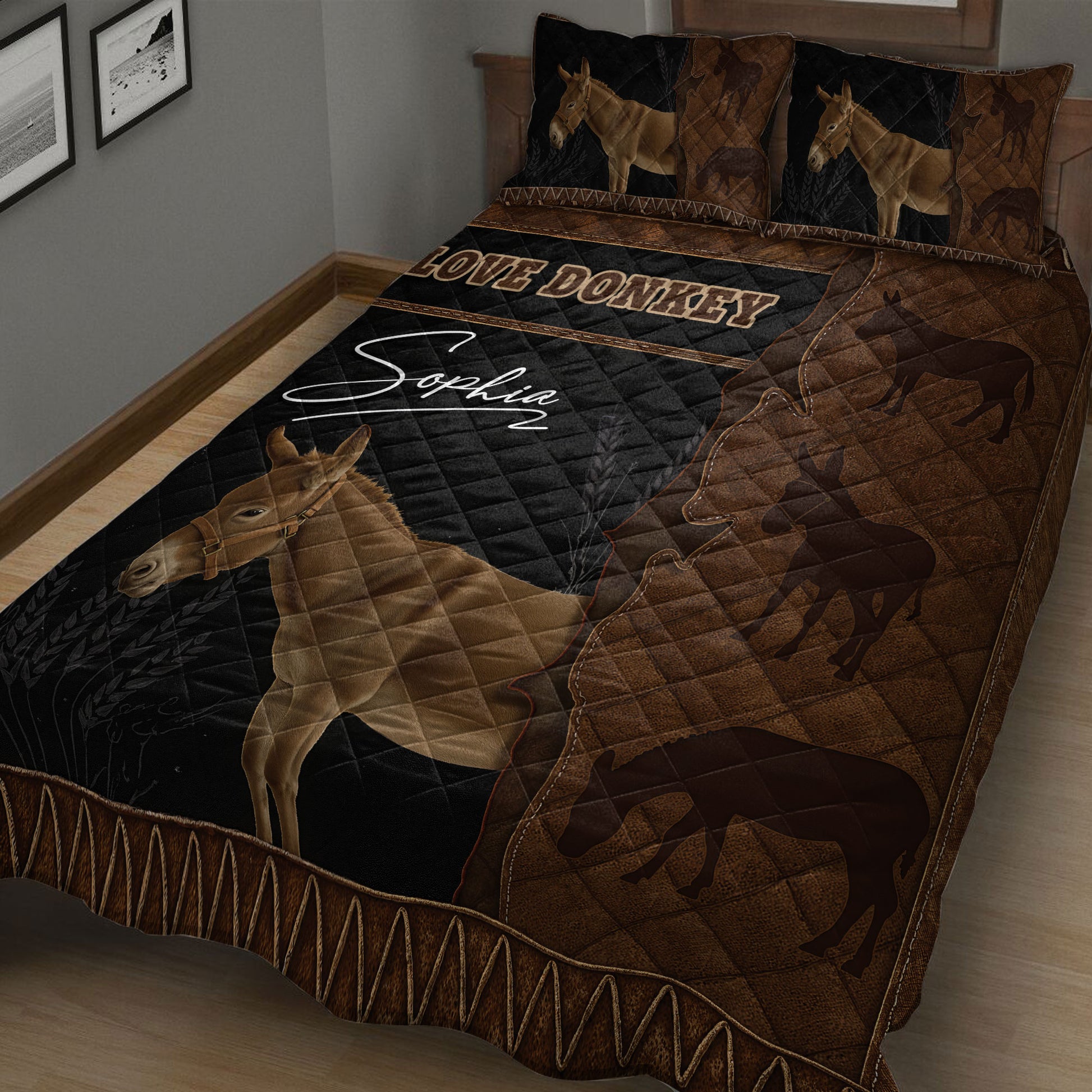 Close bedroom view of a black and brown donkey quilt with rustic artwork
