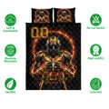 Football quilt bedding set displayed with black and gold player artwork and product feature icons