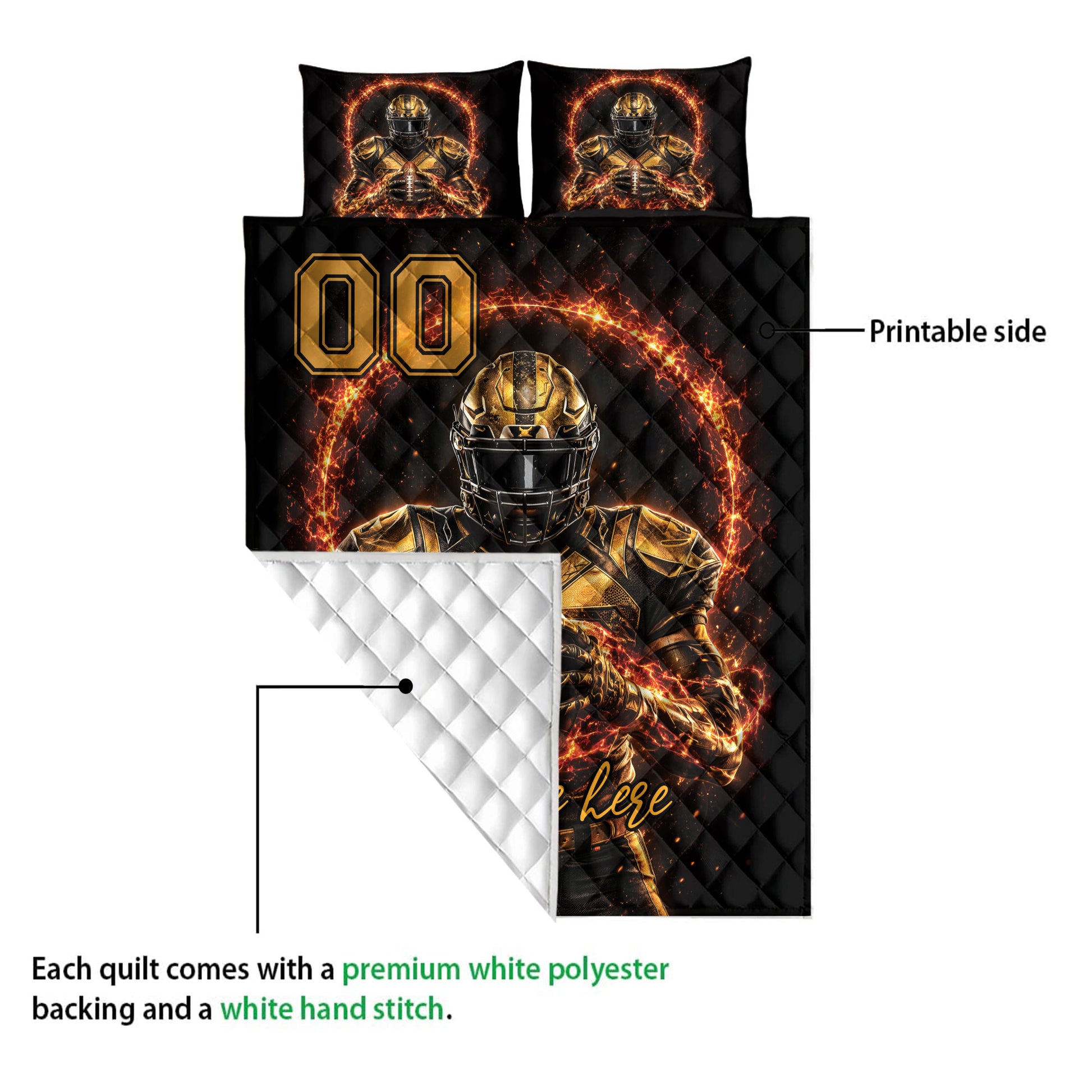 Football quilt showing the vibrant printed side and white diamond-stitched backing