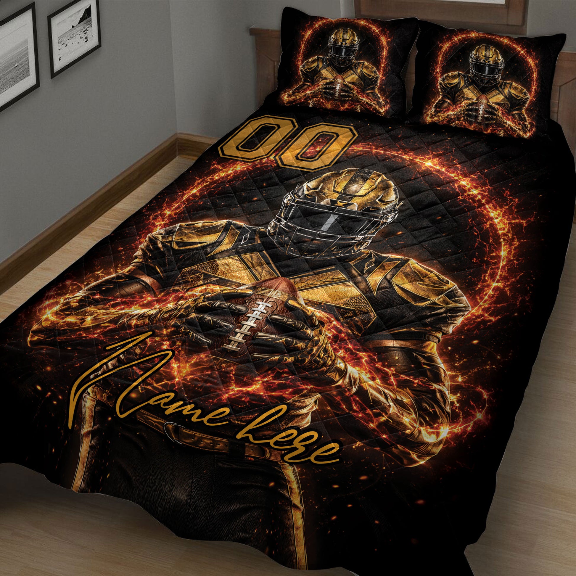 Close bedroom view of a black and gold football quilt with player, helmet, and fiery sports artwork