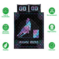 Barrel racing quilt bedding set shown with horse and rider artwork, dark floral accents, and care icons