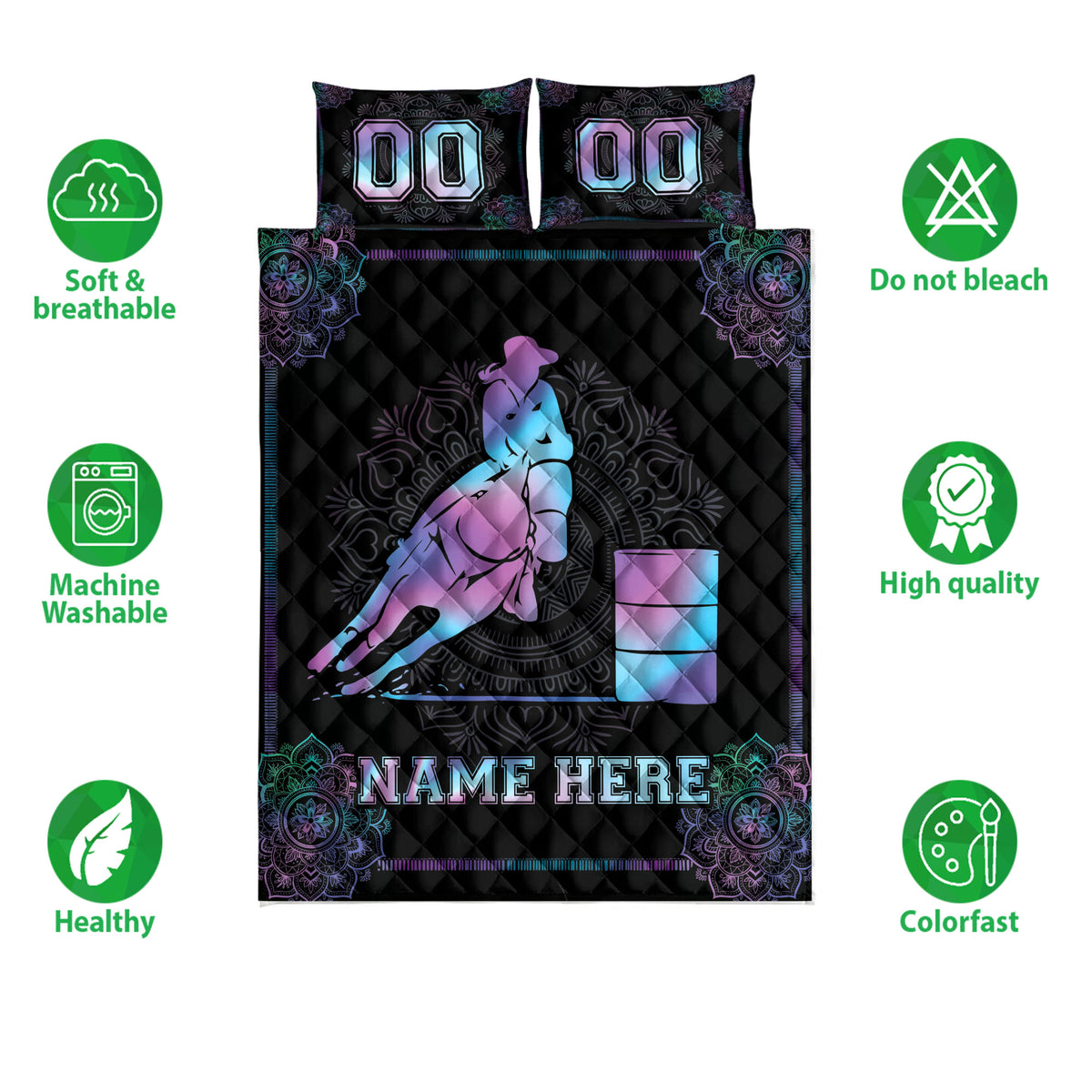 Barrel racing quilt bedding set shown with horse and rider artwork, dark floral accents, and care icons