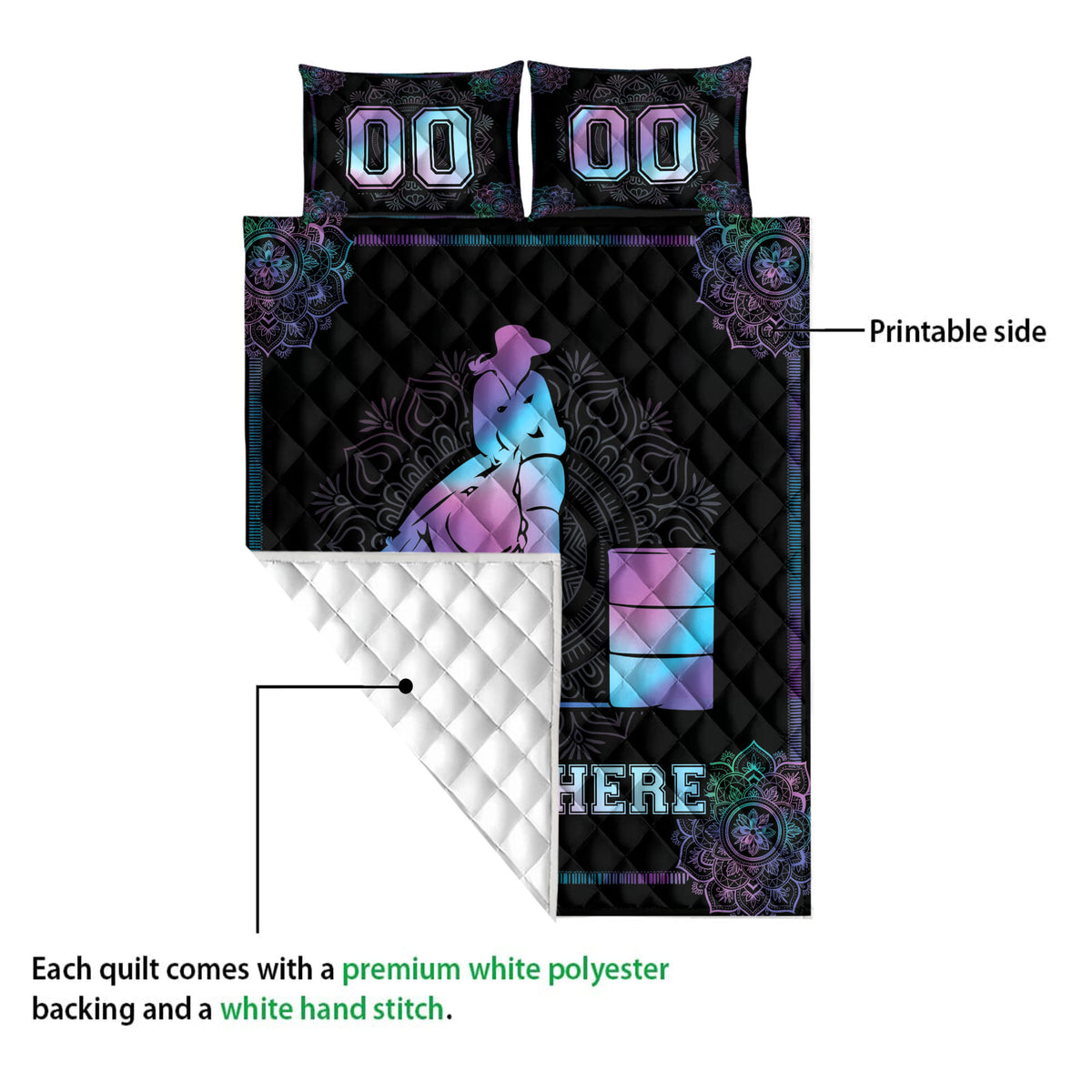 Barrel racing quilt showing the printed front and white quilted backing with horse and rider artwork