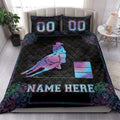 Barrel racing quilt blanket styled in a bedroom with neon horse and rider artwork and decorative accents