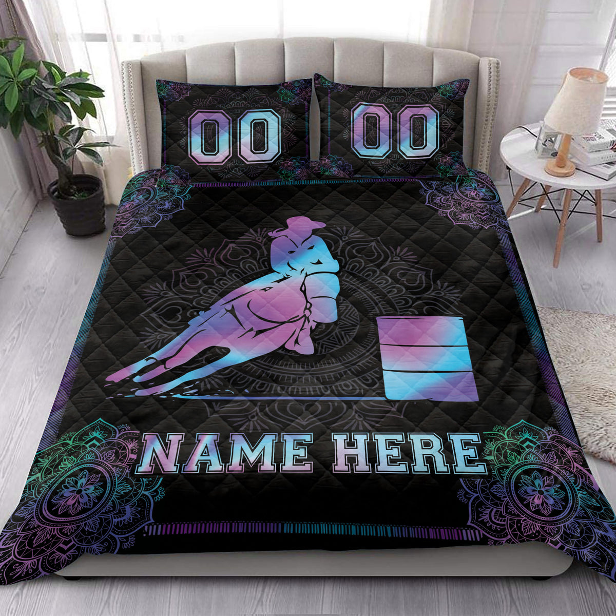 Barrel racing quilt blanket styled in a bedroom with neon horse and rider artwork and decorative accents