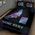 Close bedroom view of a barrel racing quilt featuring a colorful horse and rider on a black background