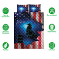 Barrel racing quilt bedding set shown front-facing with cowgirl and barrel artwork in blue, red, and white