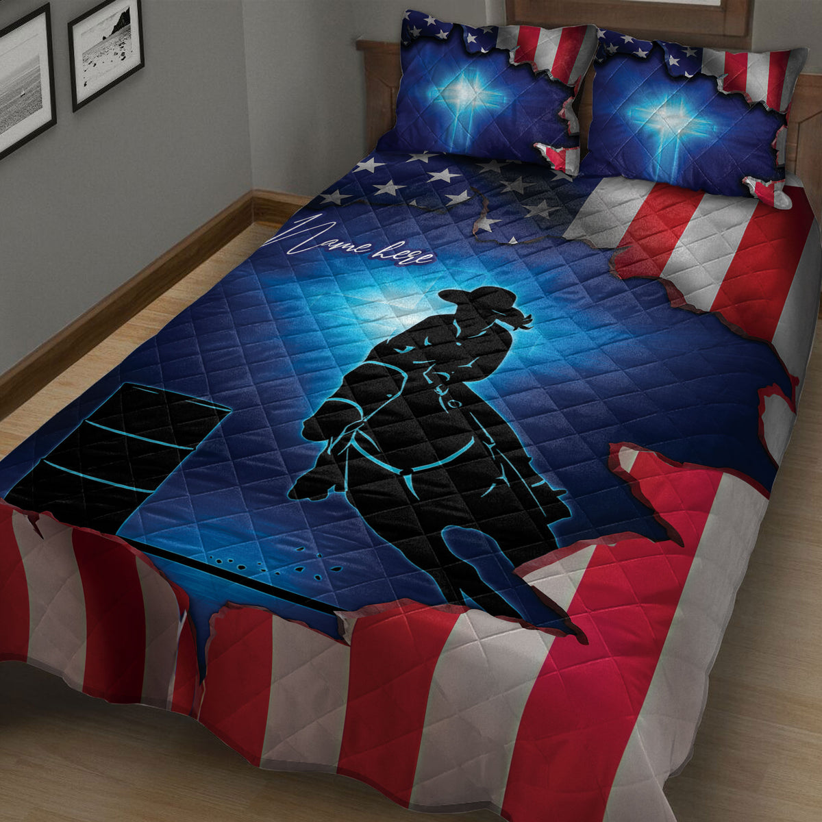 Close bedroom view of barrel racing quilt featuring a cowgirl rider, barrel silhouette, stars, and flag stripes