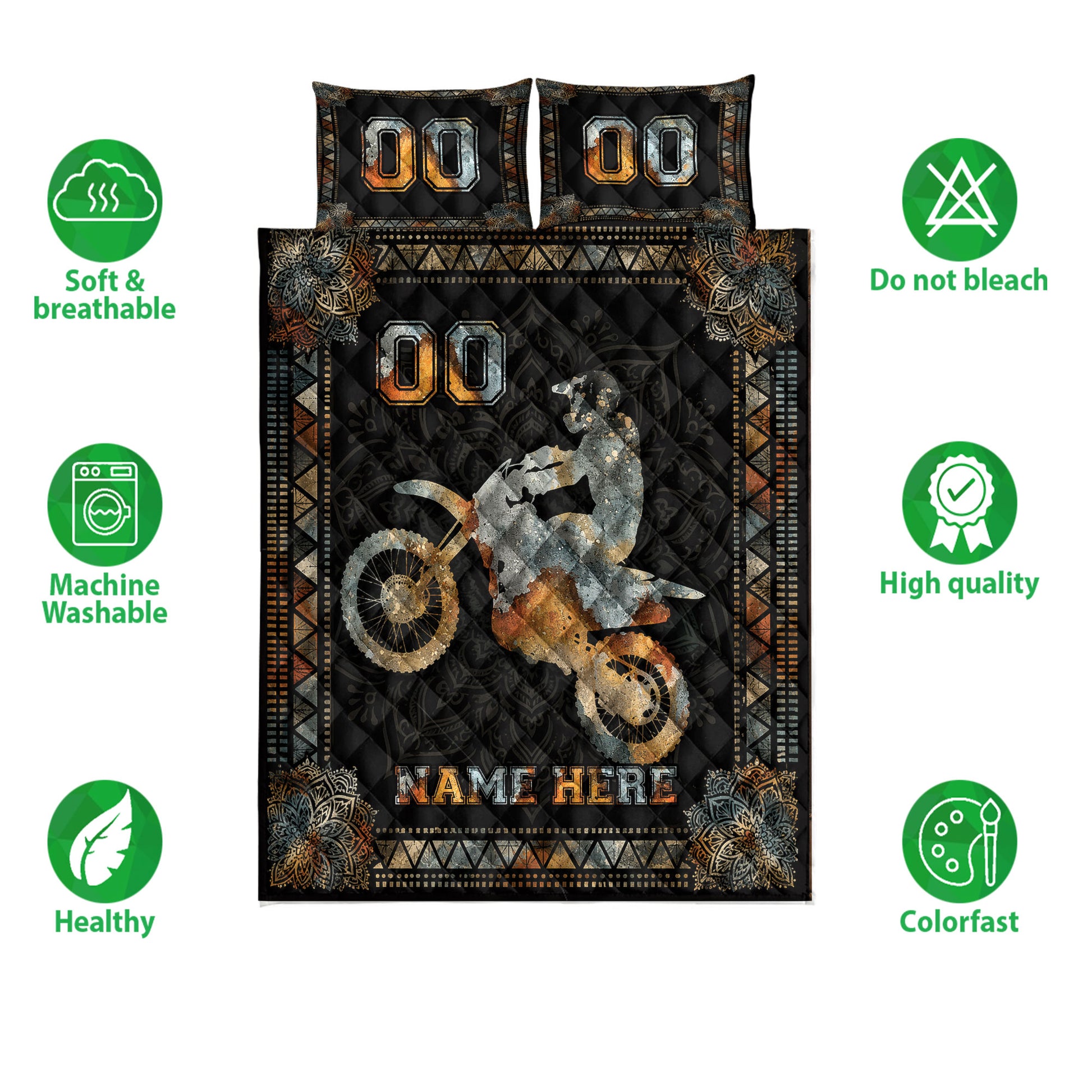 Motocross quilt bedding set with dirt bike artwork, decorative borders, and product feature icons