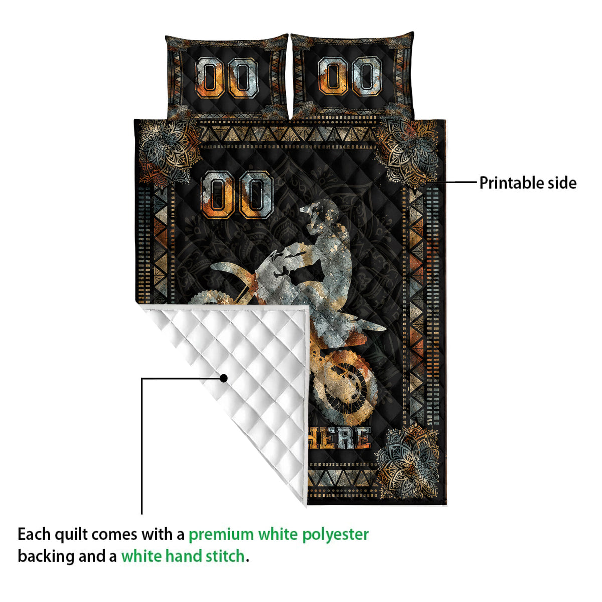 Motocross quilt showing a printed dirt bike rider design and white quilted reverse side