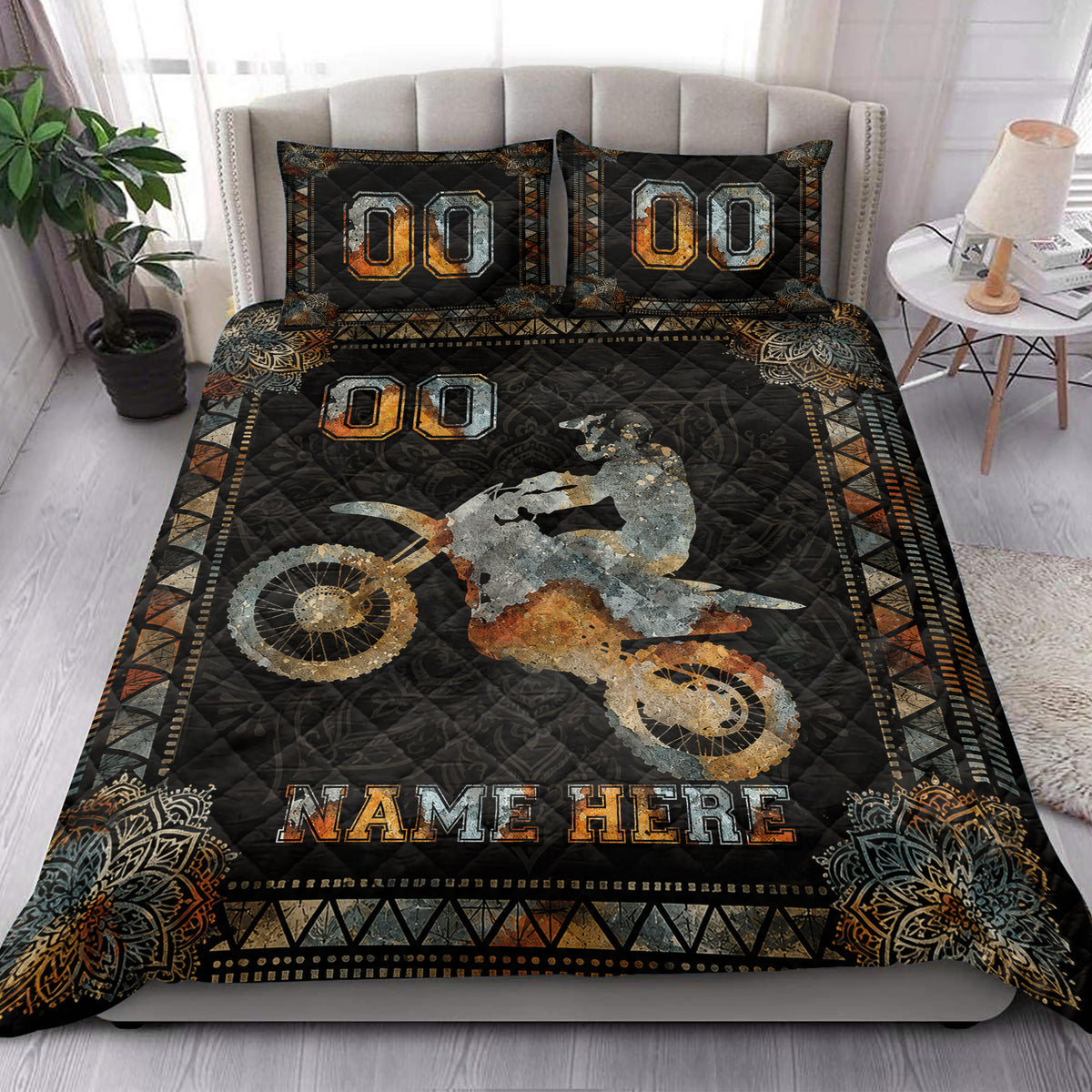 Motocross quilt blanket styled in a bright bedroom with dirt bike artwork and bold racing colors