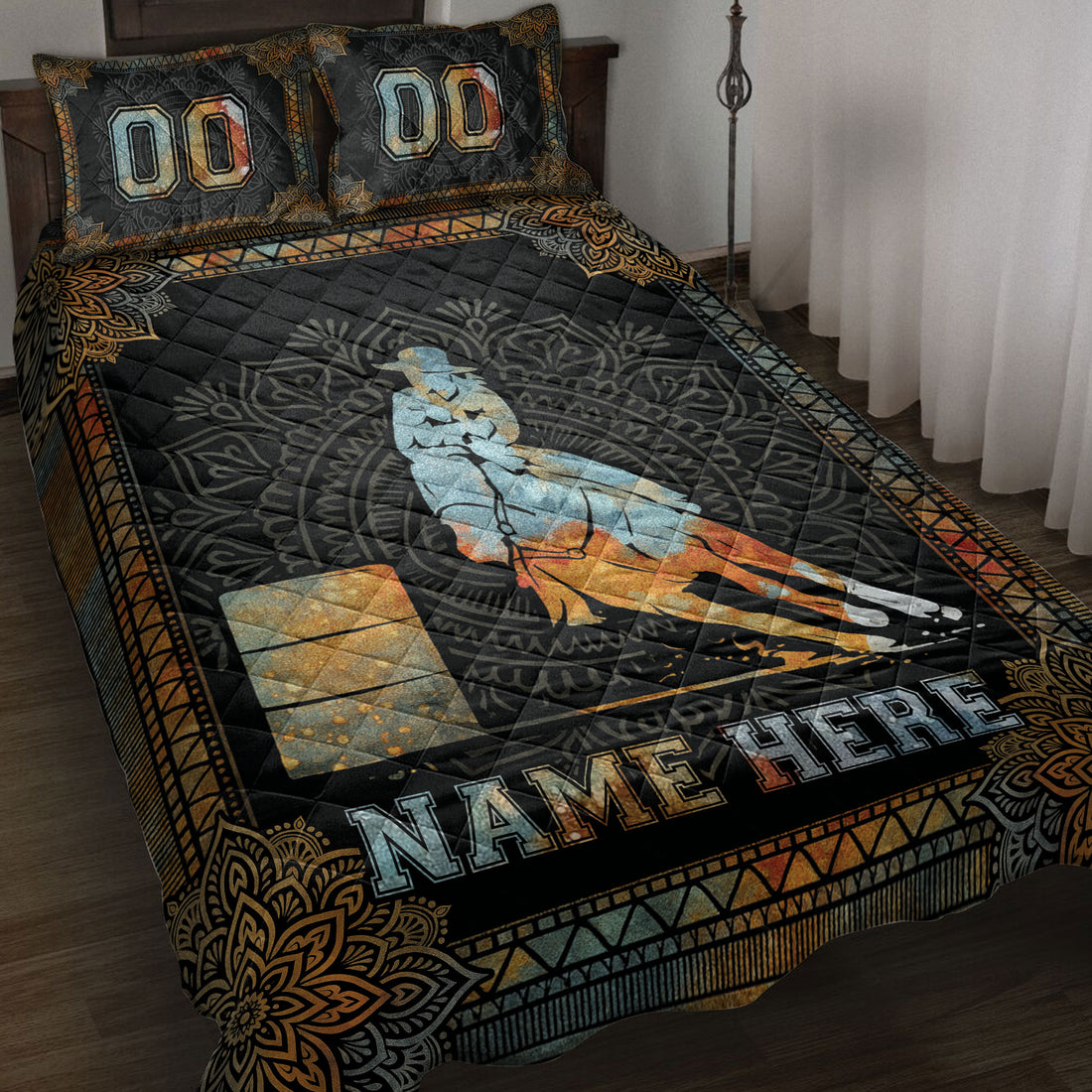 Barrel racing quilt blanket displayed on a bed with horse and rider artwork, ornate black and gold western border