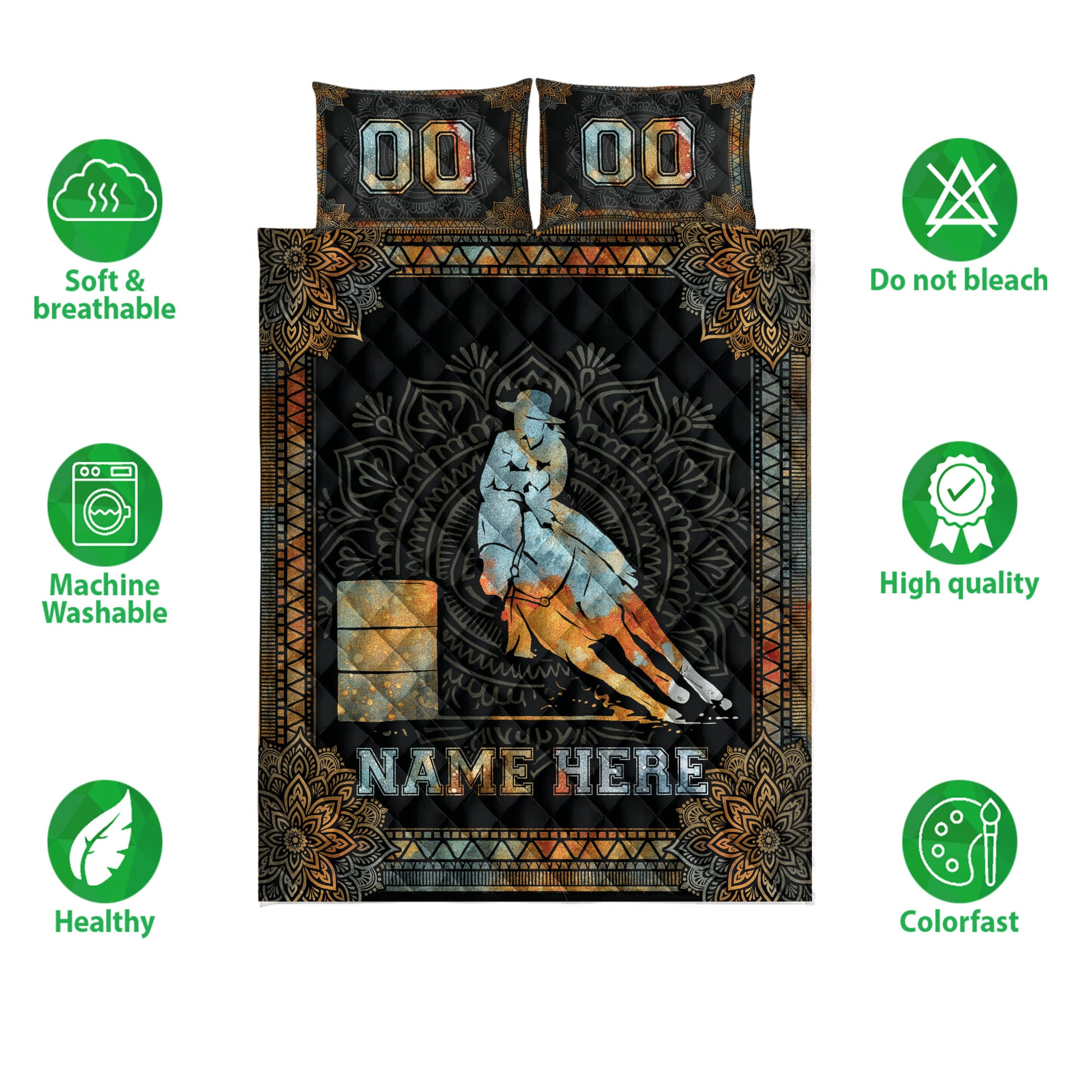 Barrel racing quilt bedding set shown with horse and rider artwork, ornate border, and product feature icons