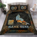 Barrel racing quilt blanket styled in a bright bedroom with horse and rider artwork and ornate western details