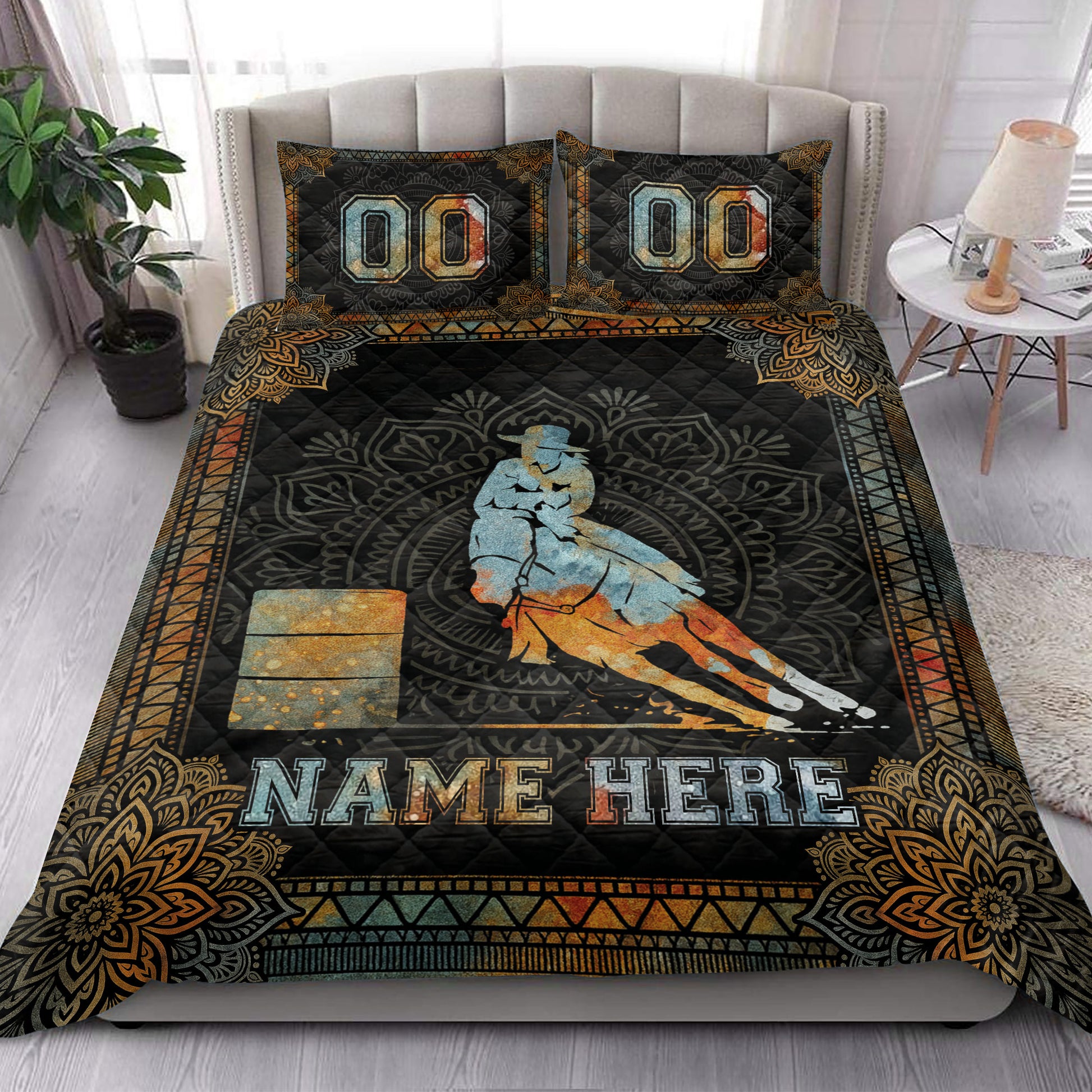 Barrel racing quilt blanket styled in a bright bedroom with horse and rider artwork and ornate western details