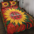Hippie quilt blanket displayed on a bed with colorful sunflowers, peace symbols, and psychedelic swirls