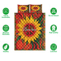Hippie sunflower peace quilt bedding set shown with soft, breathable, washable, and colorful feature icons