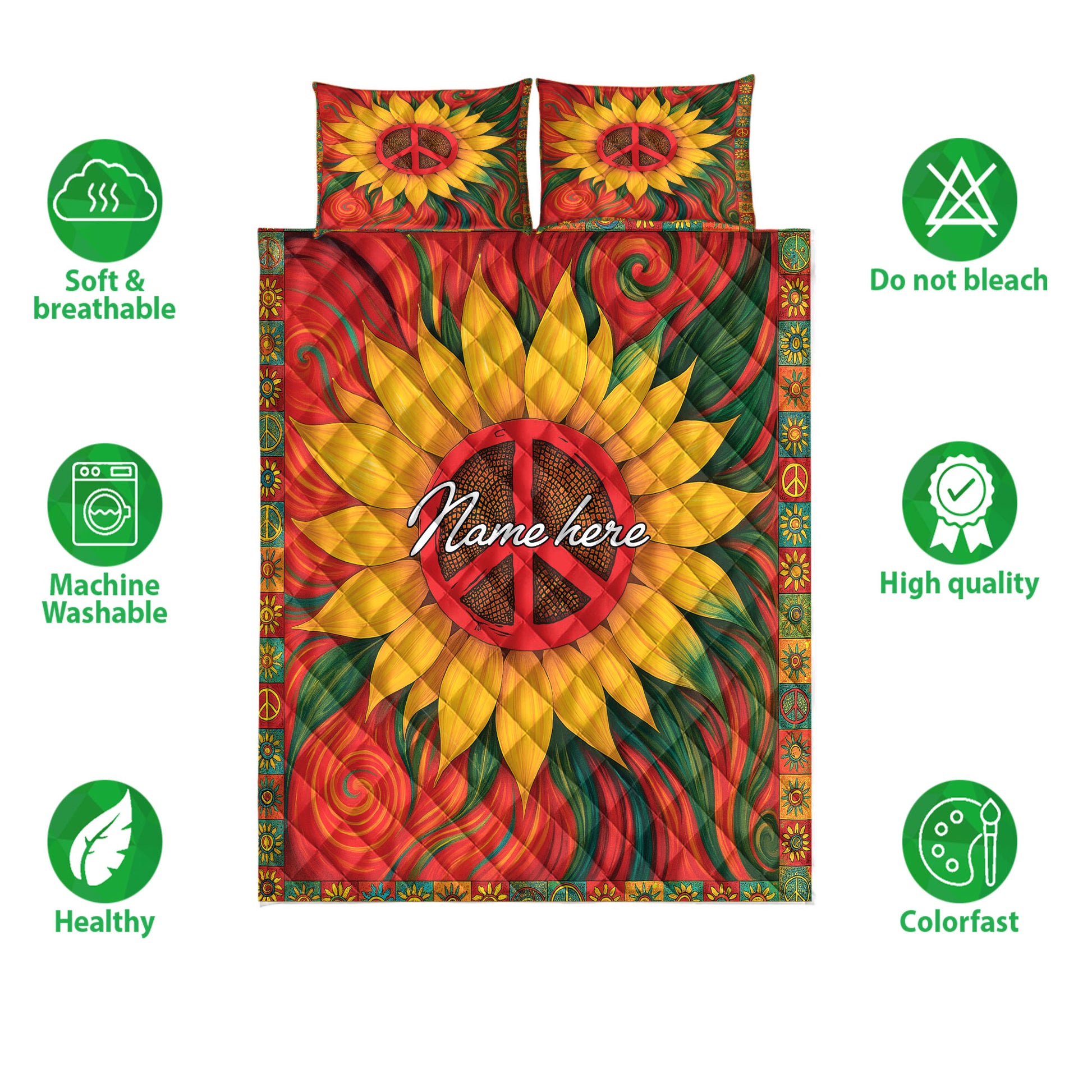 Hippie sunflower peace quilt bedding set shown with soft, breathable, washable, and colorful feature icons