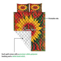 Hippie quilt blanket showing the vibrant printed side and white quilted backing in a product detail view