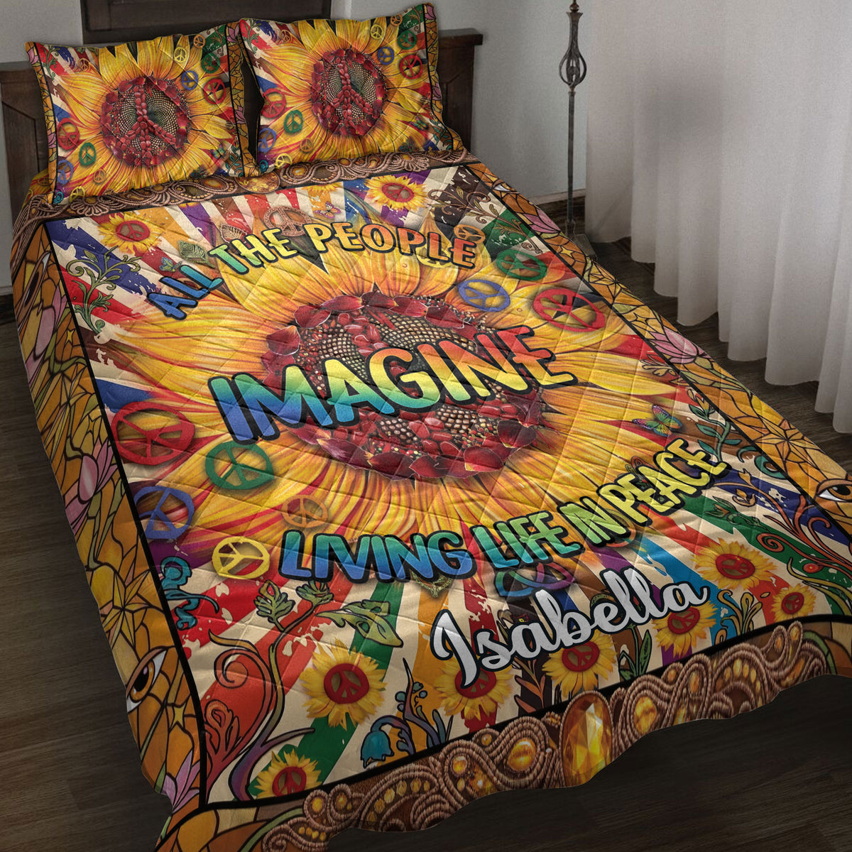 Colorful hippie quilt blanket displayed on a bed with sunflowers, peace symbols, and psychedelic artwork