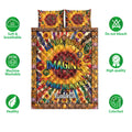 Hippie quilt bedding set shown with vibrant sunflower artwork, peace symbols, and product feature icons