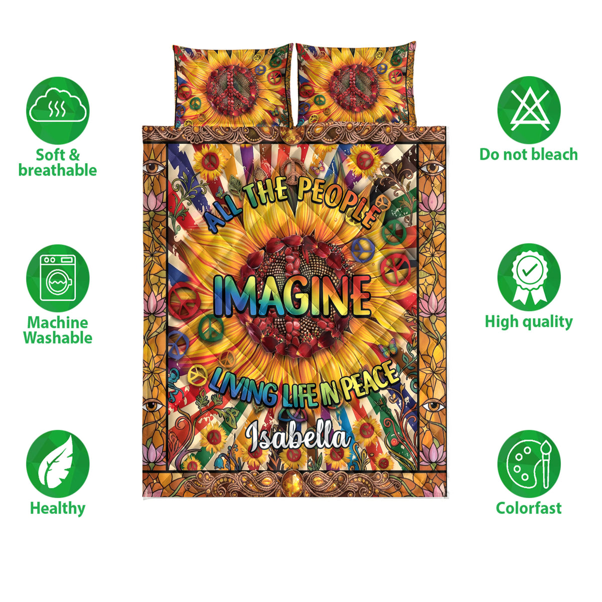 Hippie quilt bedding set shown with vibrant sunflower artwork, peace symbols, and product feature icons