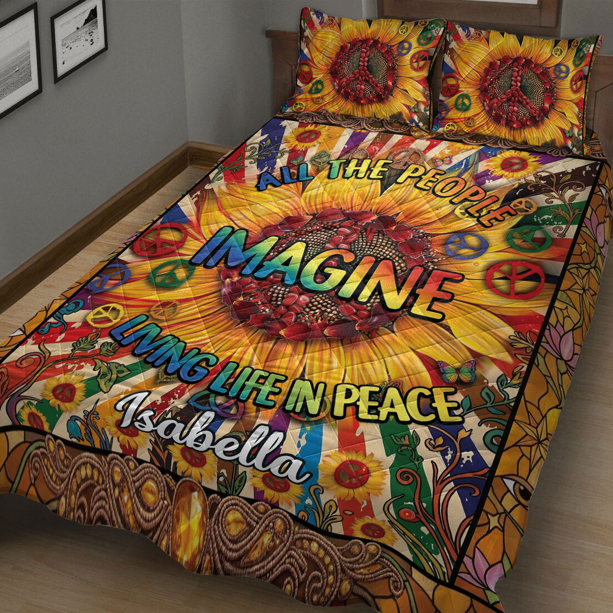 Close view of colorful hippie quilt blanket artwork with sunflowers, peace symbols, and psychedelic patterns